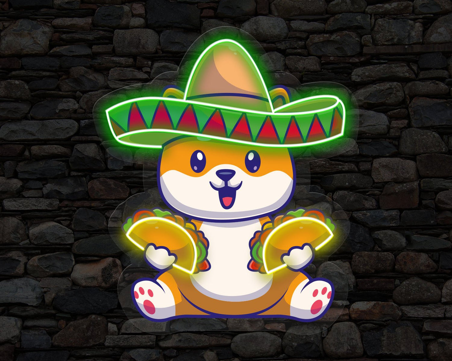 Cute Dog Eating Tacos With Sombreno hat Neon Sign