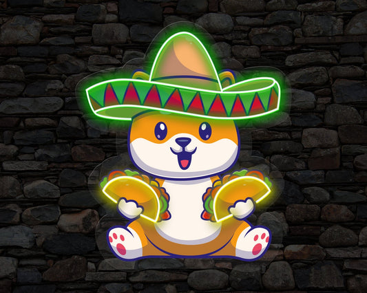 Cute Dog Eating Tacos With Sombreno hat Neon Sign