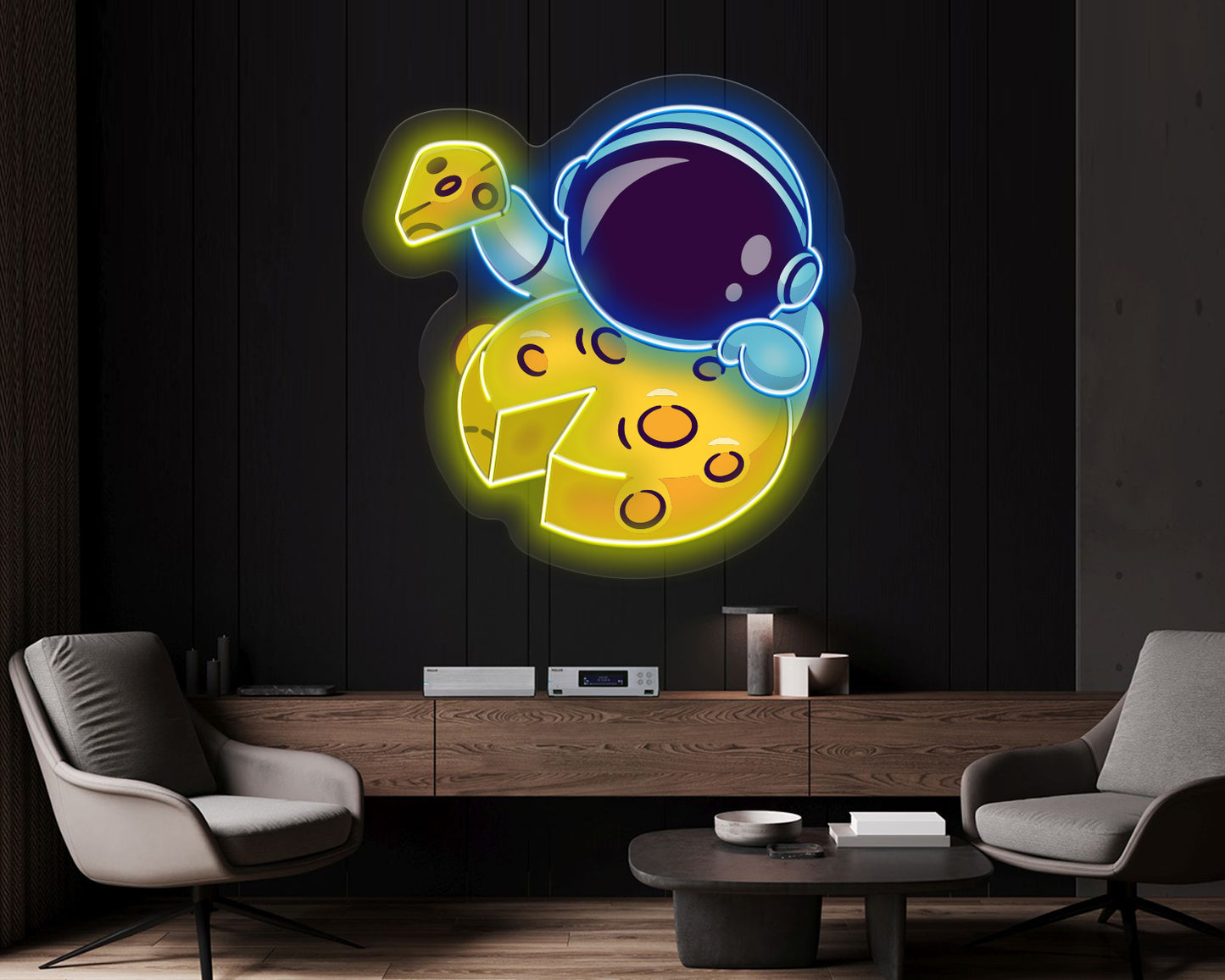 Astronaut Eating Cheese Moon Pop Art Neon Sign