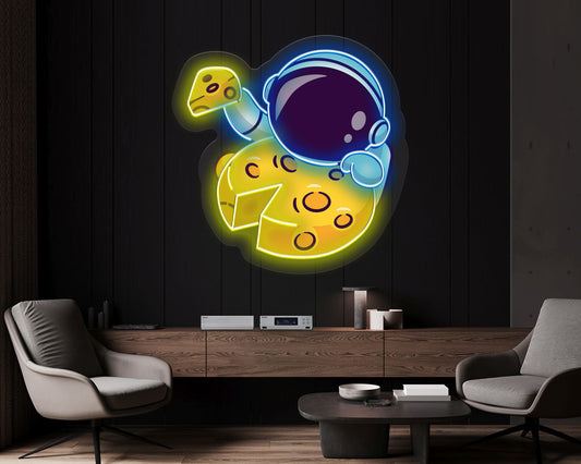 Astronaut Eating Cheese Moon Pop Art Neon Sign