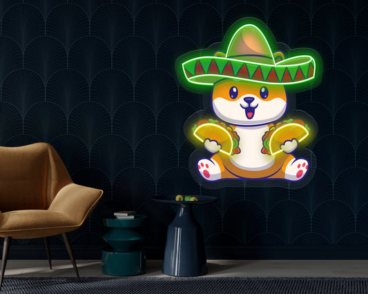 Cute Dog Eating Tacos With Sombreno hat Neon Sign
